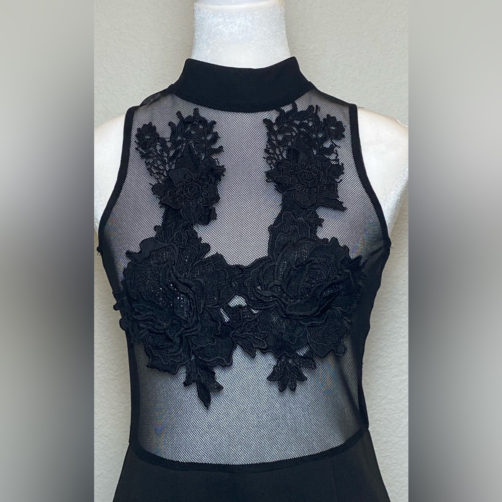 Black dodycon sheer lace appliqués high neck mesh midi length back zipper size M